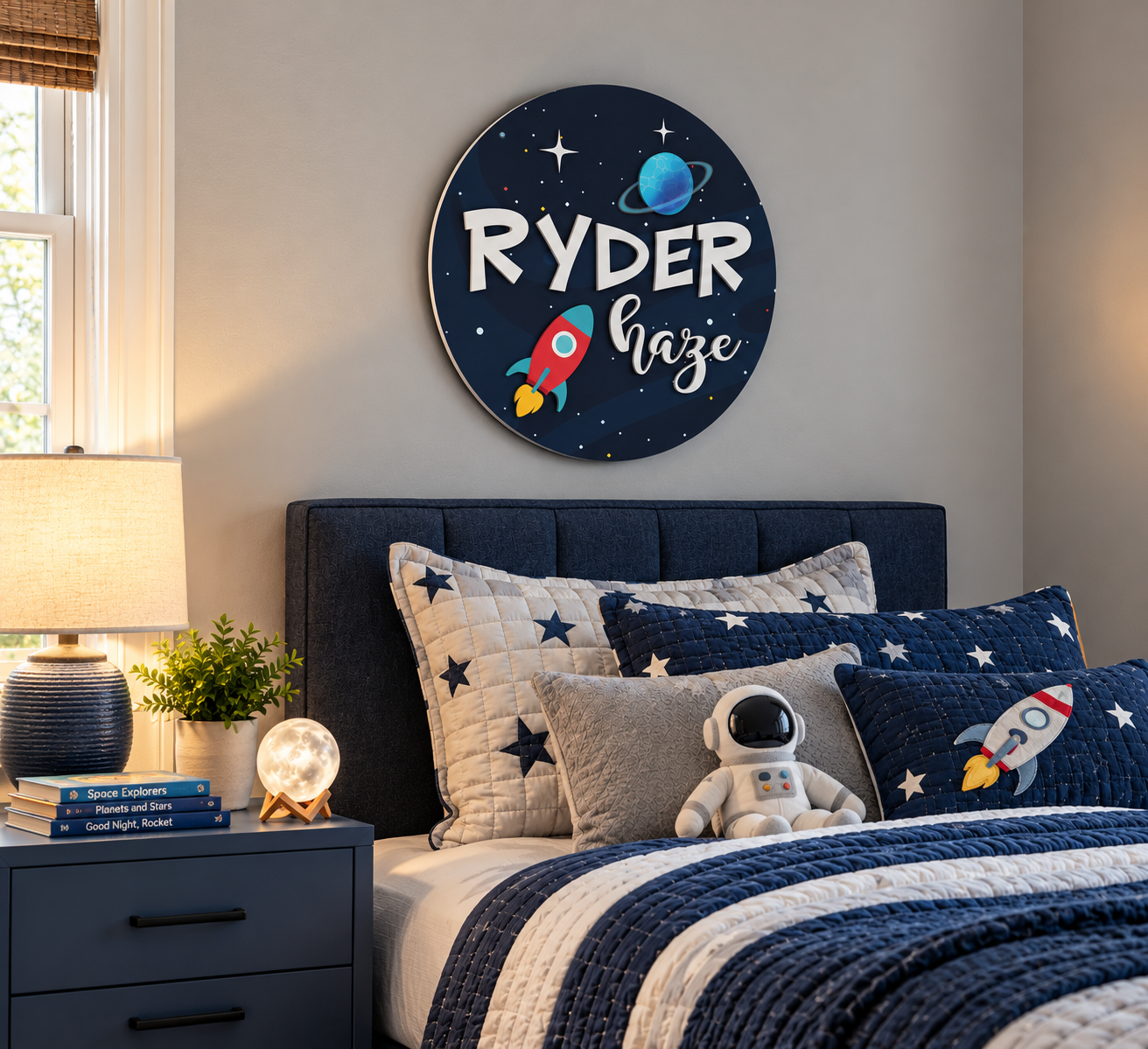 Round space-themed Ryder Haze name sign in a boy's bedroom