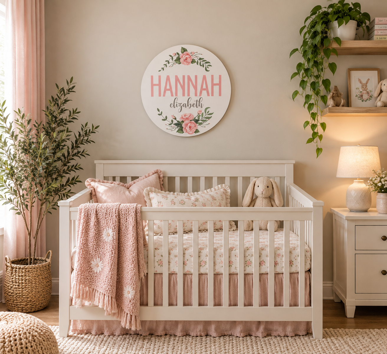 Nursery with a personalized round Hannah Elizabeth floral name sign above the crib