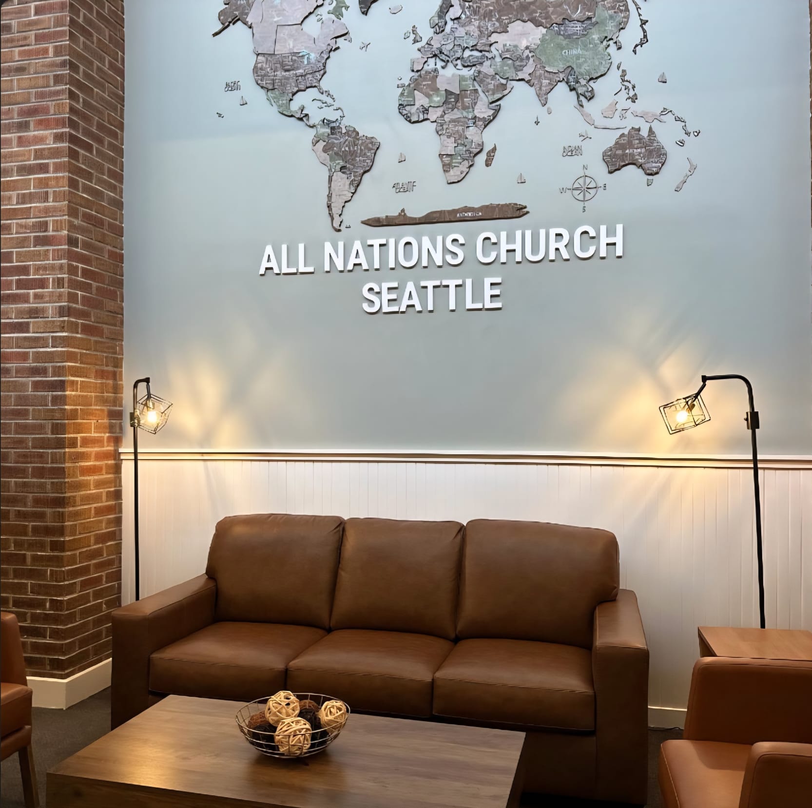 All Nations Church Seattle dimensional lettering and world map