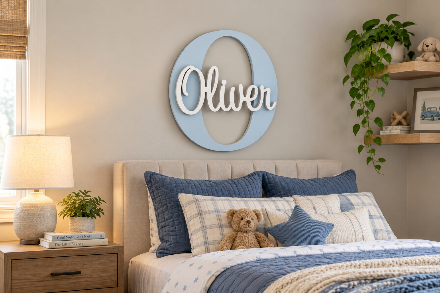 Capital letter O Oliver name sign in a blue and cream boy's bedroom