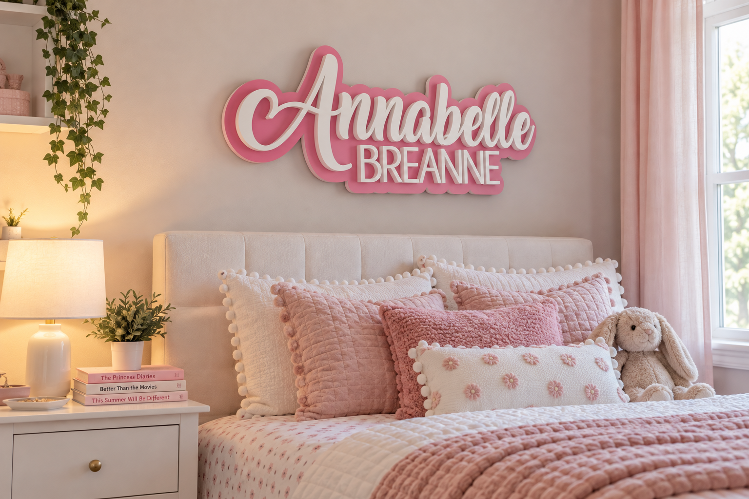 Layered pink and white Annabelle Breanne name sign in a girl's bedroom