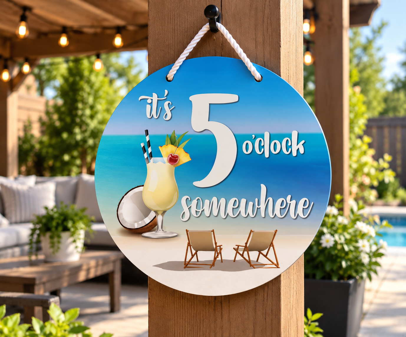 It's 5 O'Clock Somewhere round sign hanging on a backyard post