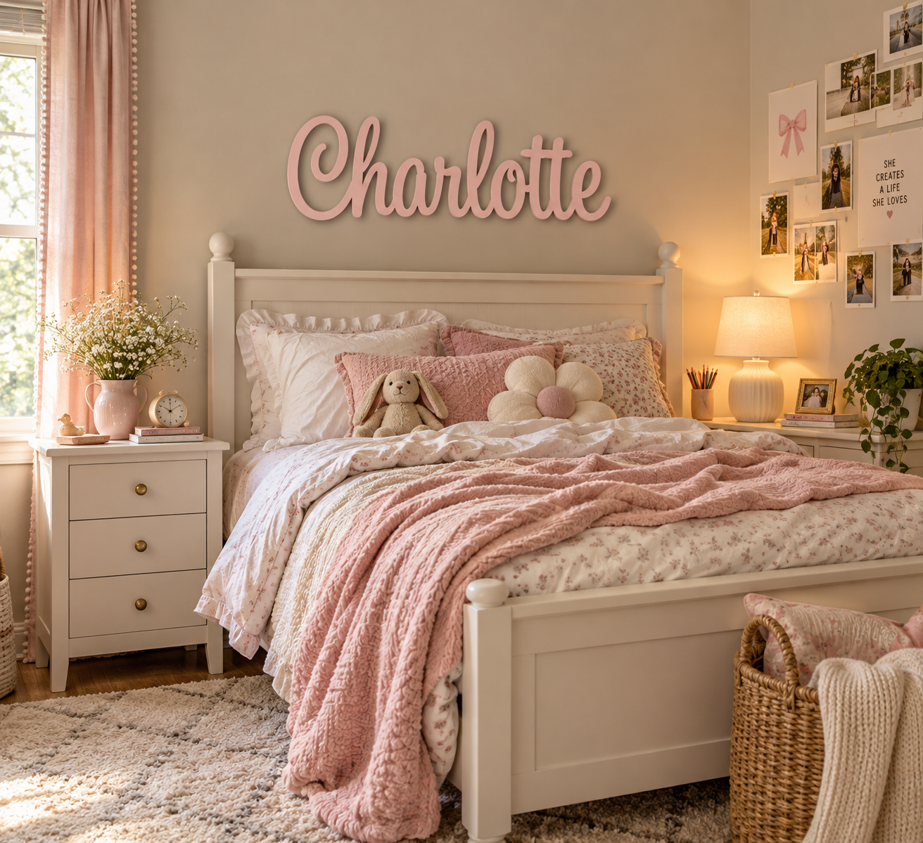 Pink script Charlotte name sign above a bed in a girl's bedroom