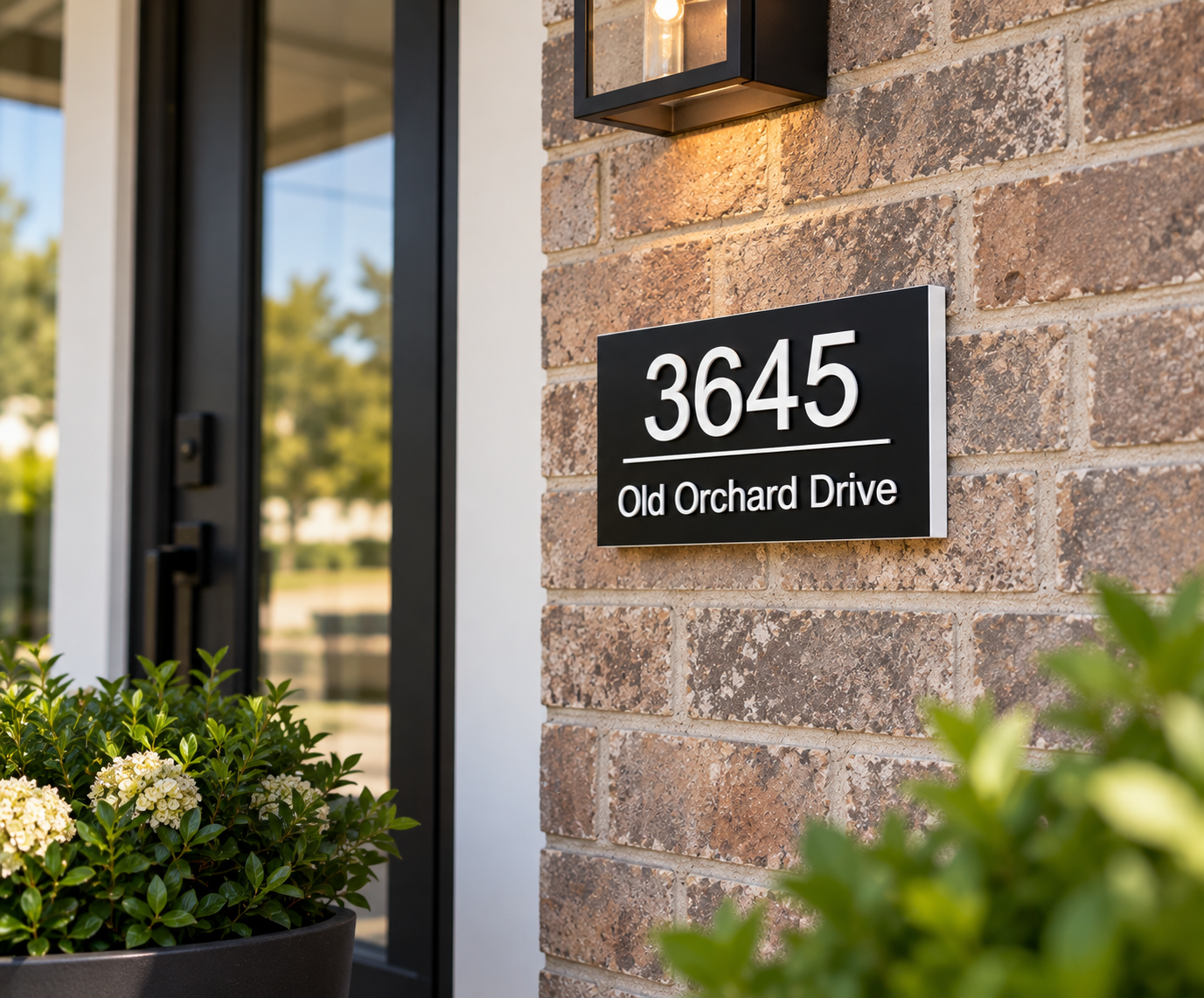 Modern black address plaque with house number mounted beside an entryway door