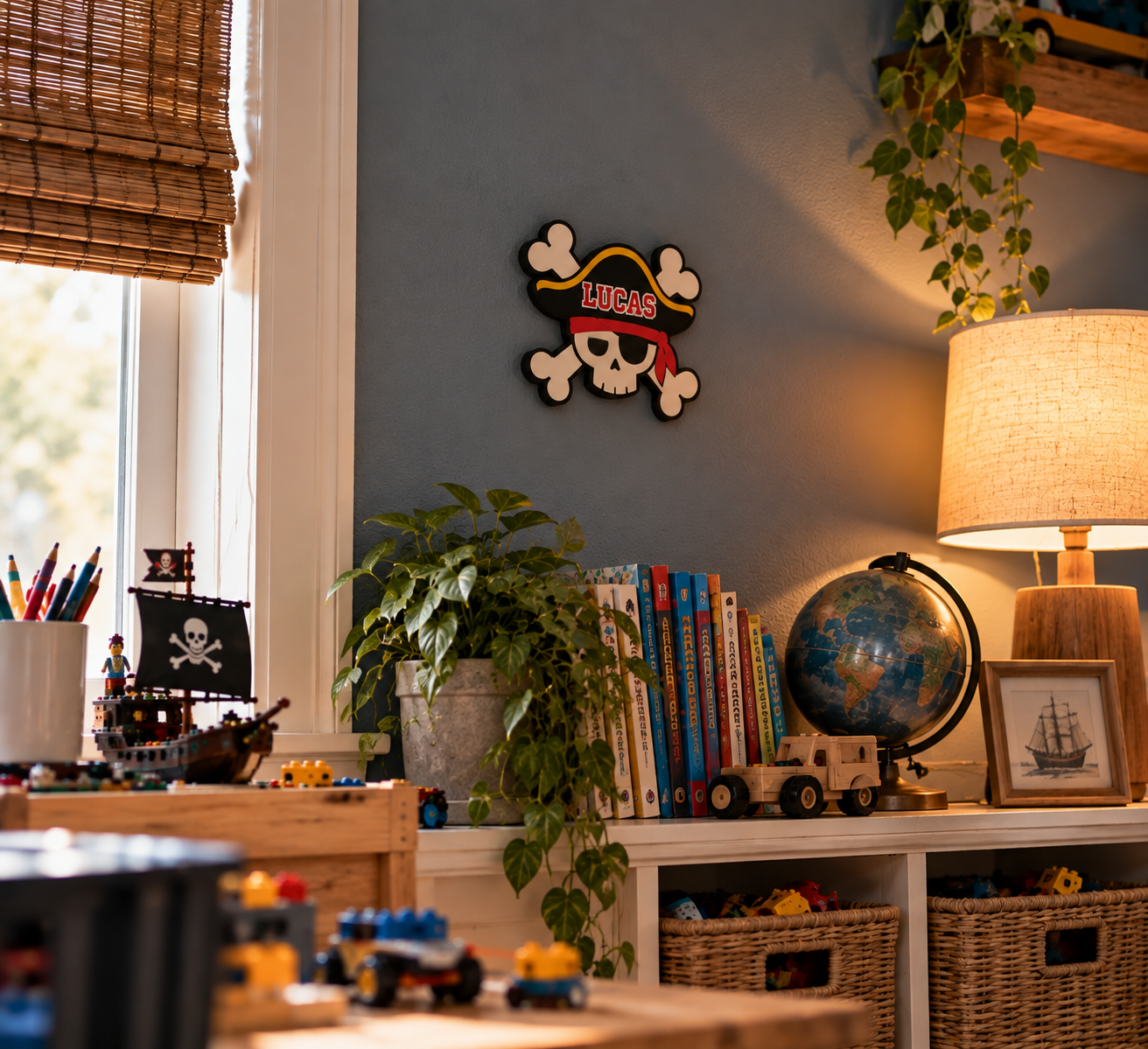 Lucas pirate name sign on the wall of a cosy kids' playroom