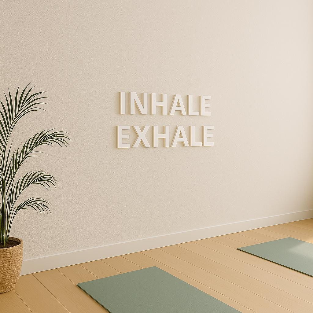 A modern yoga studio with 3d white letters on the wall saying INHALE EXHALE
