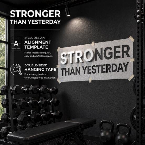 gym wall letters with alignment template and double sided tape for easy installation on wall. Sign is 0.5 inch thick white PVC saying STRONGER THAN YESTERDAY