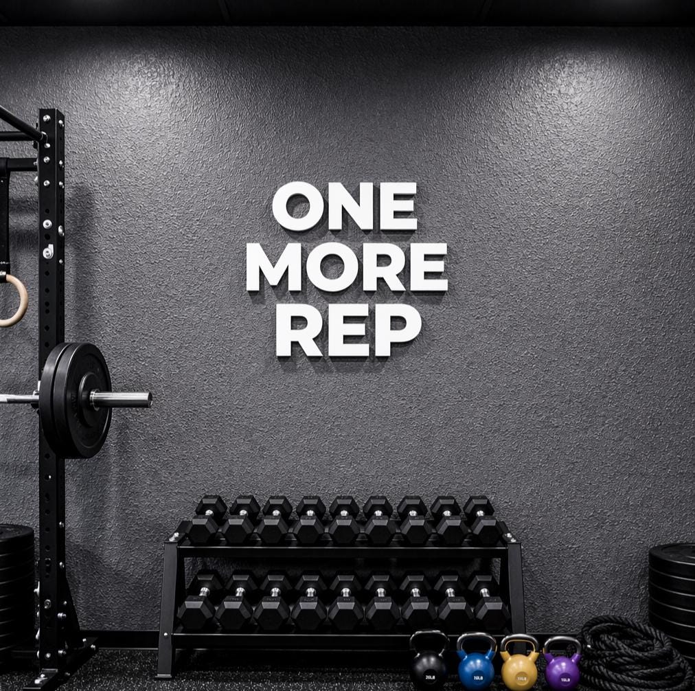 motivational gym quote ONE MORE REP wall letters above weights in home fitness space.  Letters are made from 0.5 inch thick PVC.