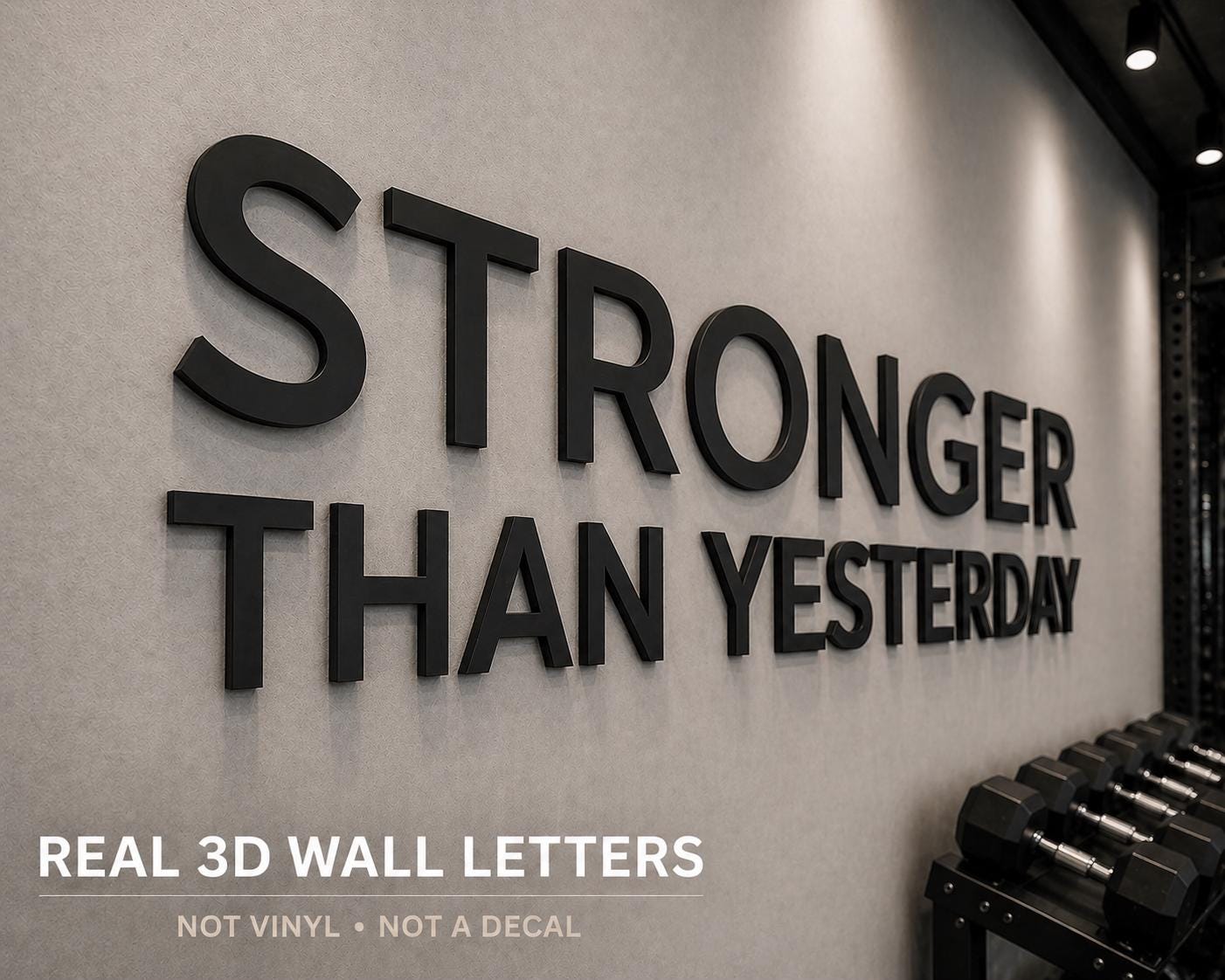 0.5 inch thick PVC letters side view stronger than yesterday 3D gym wall sign showing depth and shadow