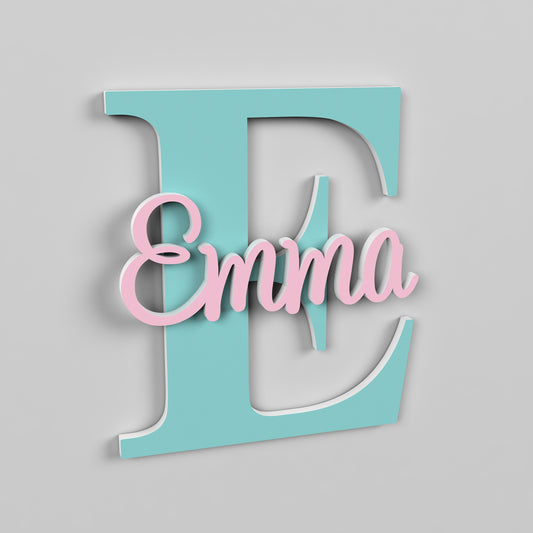 kids name sign with capital 'E' in light aqua and the name 'Emma' across it in blush pink