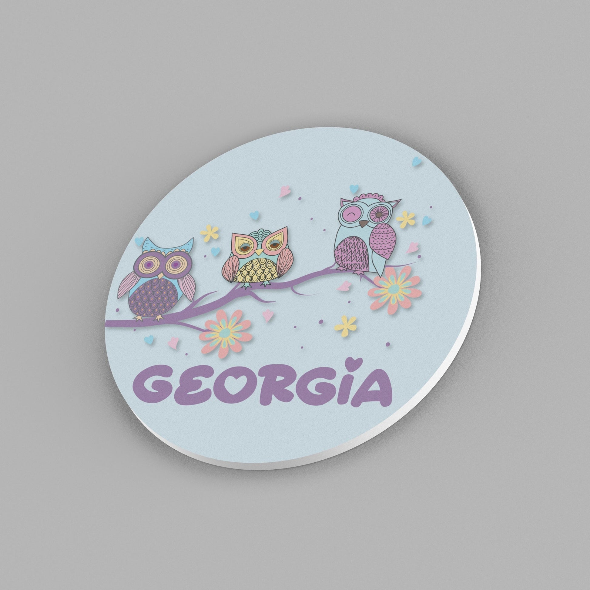 Round Personalized Name Sign with Woodland Owls