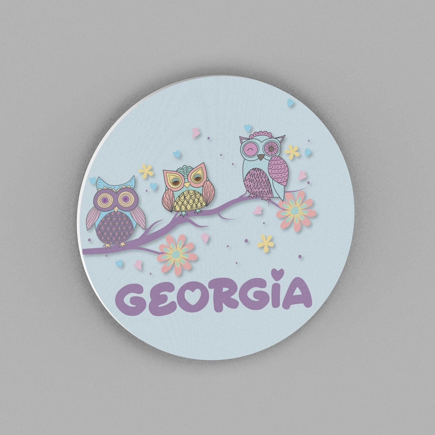 Round Personalized Name Sign with Woodland Owls