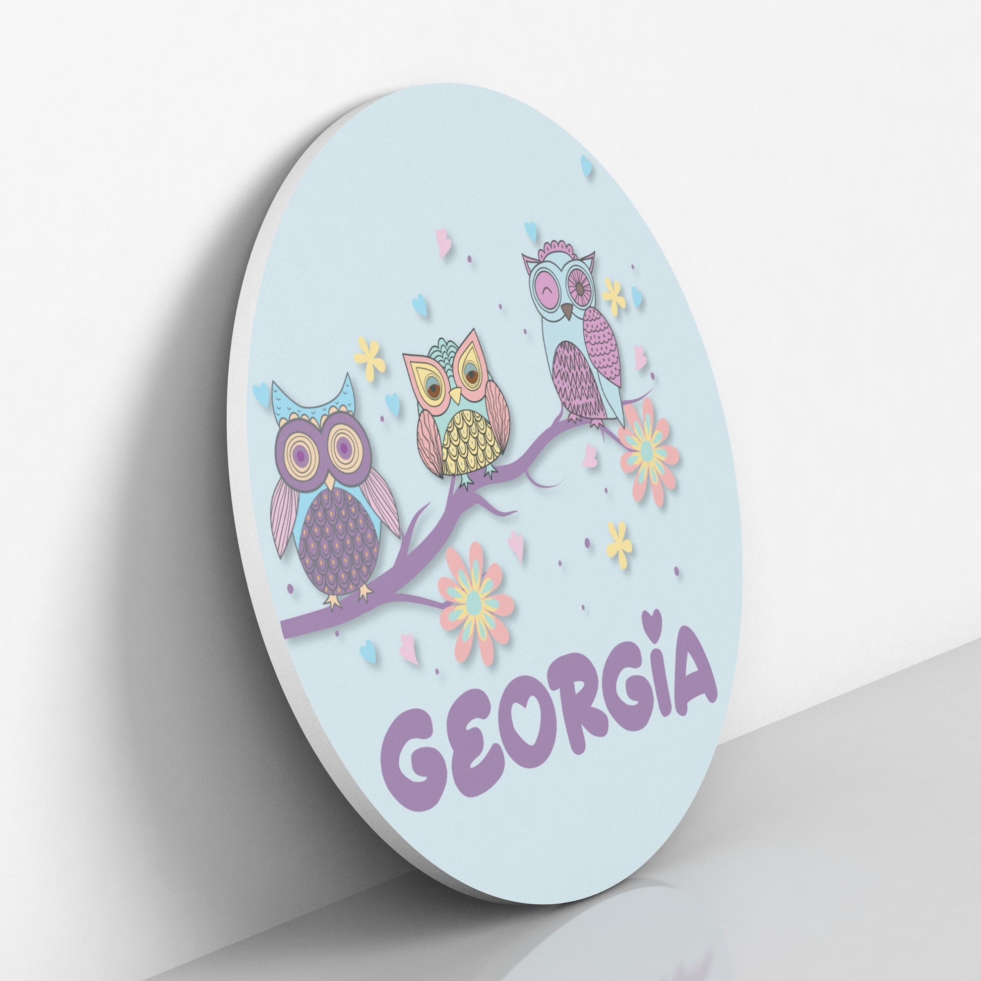 Round Personalized Name Sign with Woodland Owls