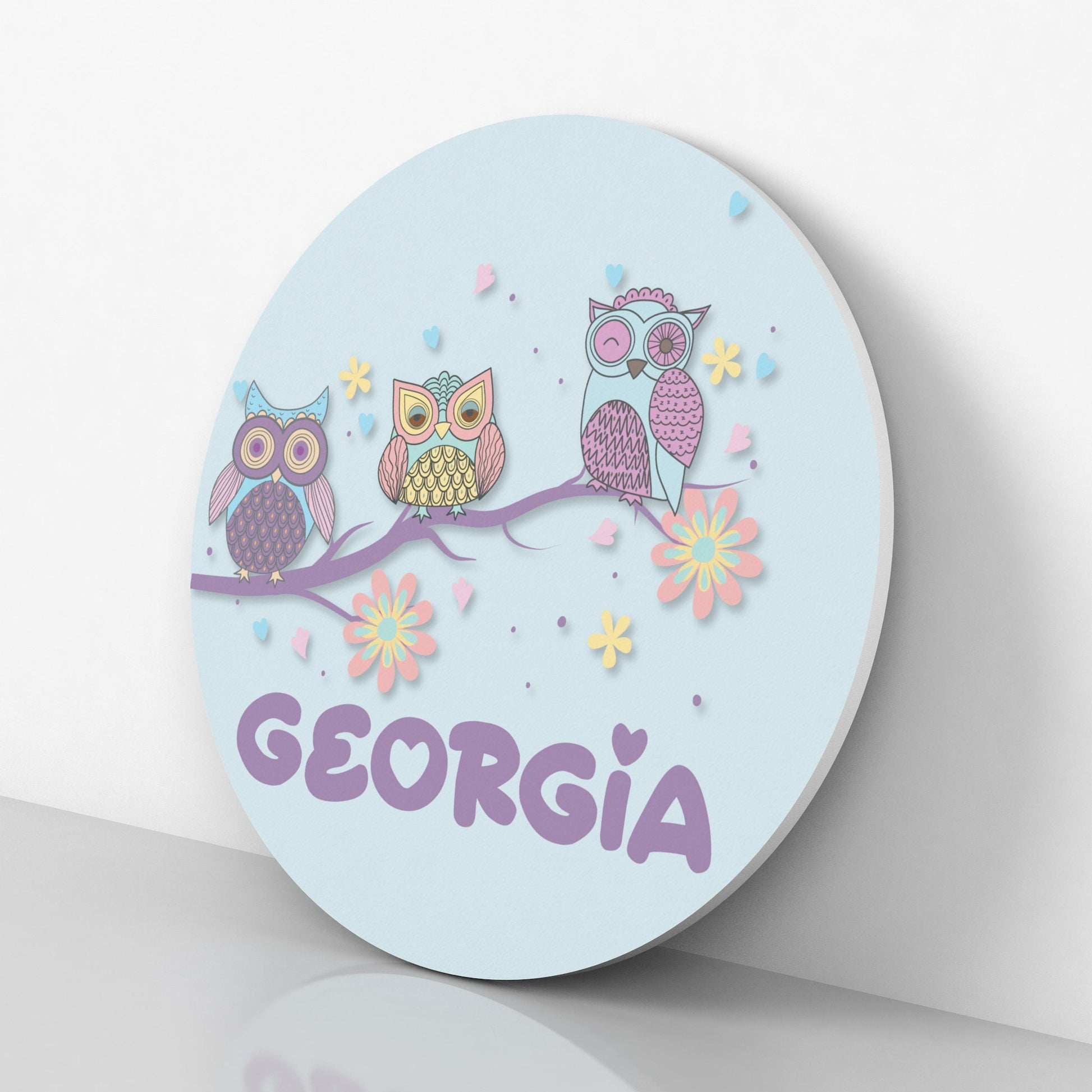 Round Personalized Name Sign with Woodland Owls